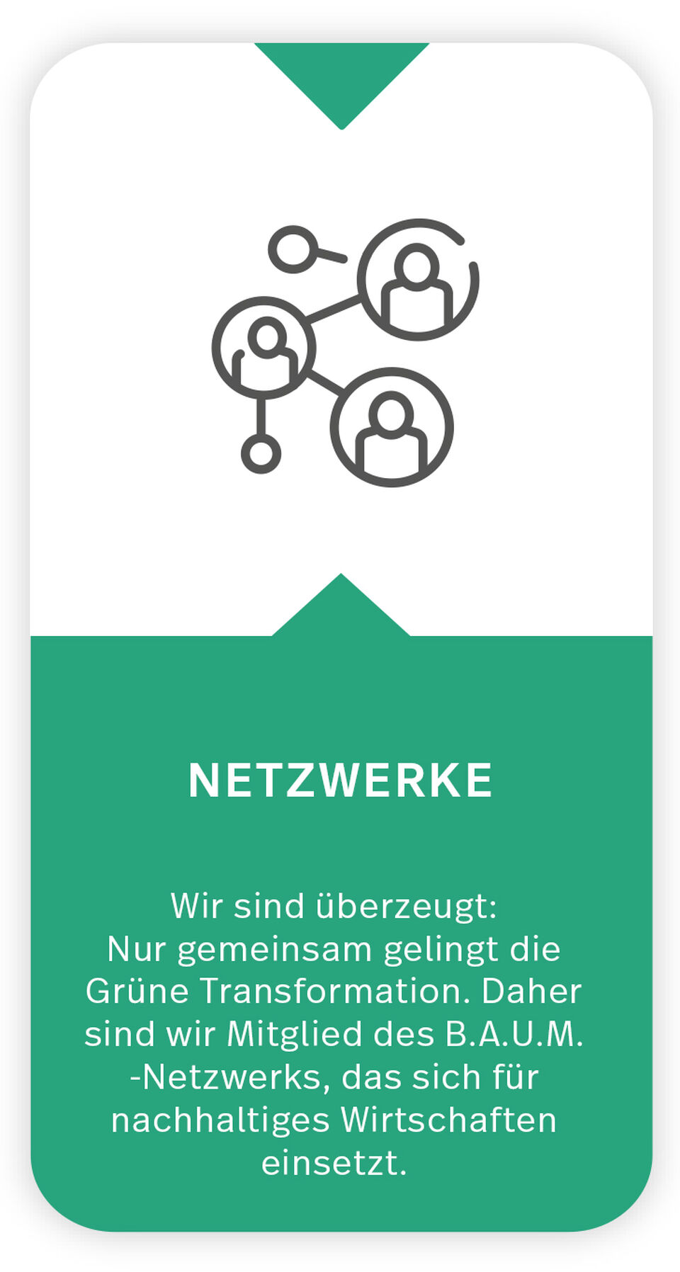 Icon + Text zum Thema Netzwerke Das Icon zeigt stilisierte Personen, die durch Linien miteinander verbunden sind. Text unter Icon: Netzwerke: Wir sind überzeugt:  Nur gemeinsam gelingt die Grüne Transformation. Daher sind wir Mitglied des B.A.U.M.-Netzwerks, das sich für nachhaltiges Wirtschaften einsetzt.
