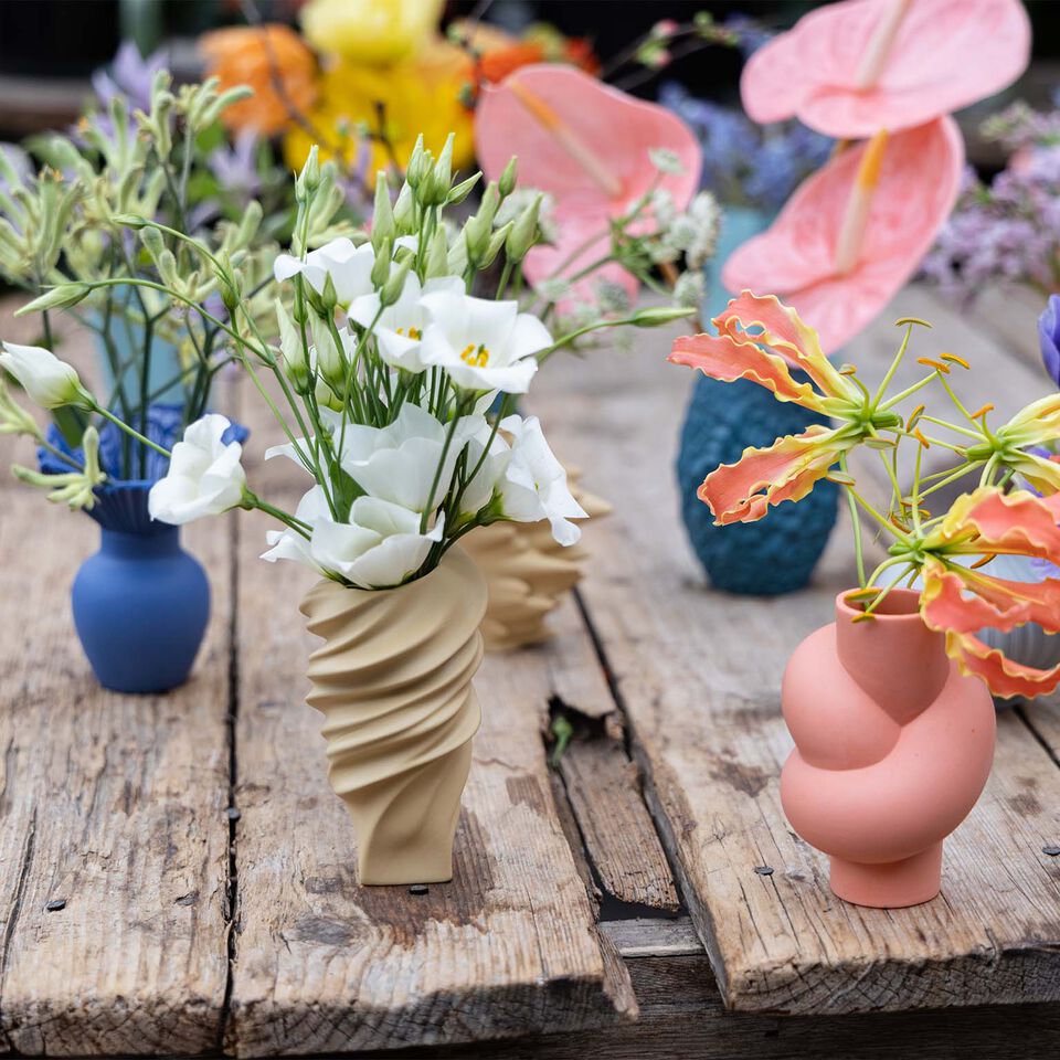 Primavera colorata con i mini vasi Dodici mini-vasi colorati allineati l'uno accanto all'altro, con i colori di diversi fiori che scorrono lungo una parete sullo sfondo.