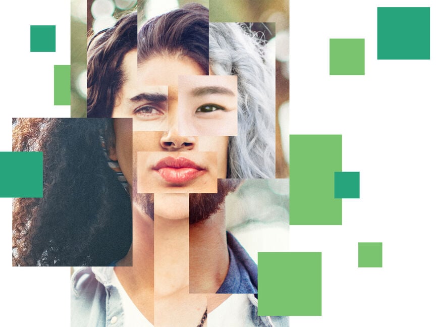 Collage zu Diversität Das Bild zeigt die Collage eines Gesichts, das aus vielen Fragmenten von Menschen unterschiedlichster Ethnien, Geschlechter und Alter zusammengestellt wurde und so "Diversität" symbolisiert.