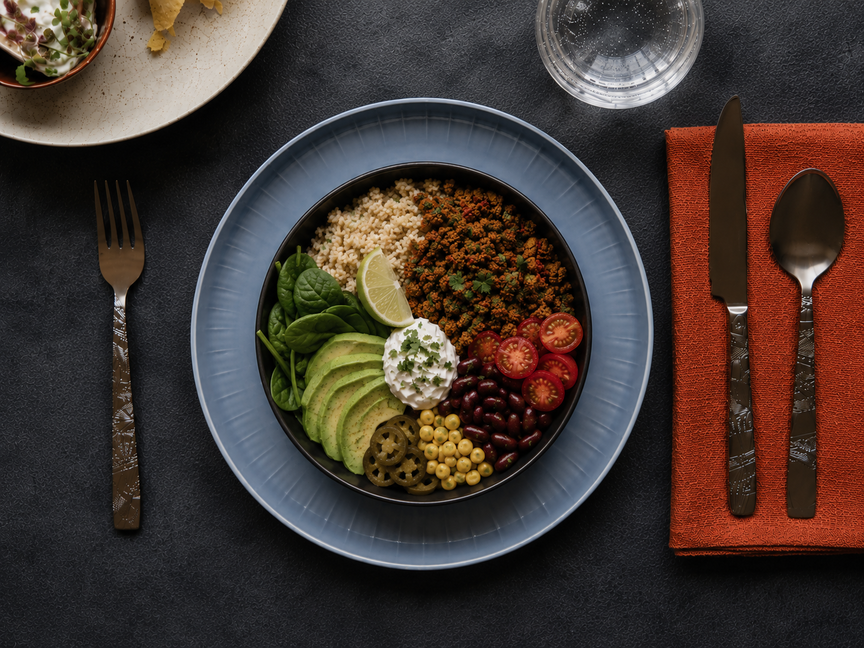 A Buddha bowl in a dark blue bowl containing rice, avocado, chickpeas, beans and tomatoes, with cutlery on an orange napkin beside it.