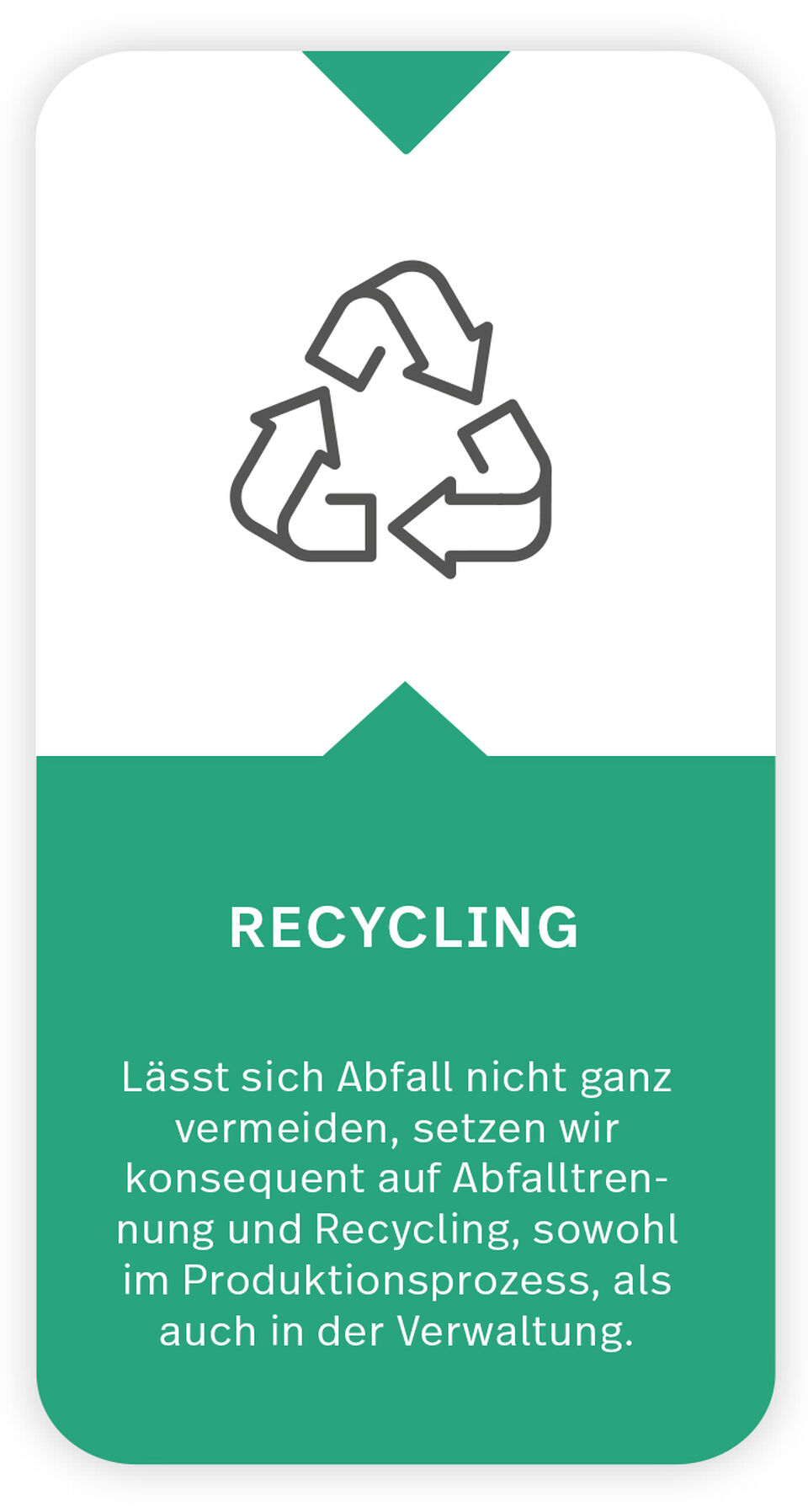 Icon+ Text zum Thema Recycling Das Icon zeigt das klassische Recycling-Symbol mit den drei grünen Pfeilen, die eine Kreis bilden. Text unter Icon: Recycling: Lässt sich Abfall nicht ganz vermeiden, setzen wir konsequent auf Abfalltrennung und Recycling, sowohl im Produktionsprozess, als auch in der Verwaltung.