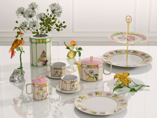 Tea items as well as decoration items of Swarovski x Rosenthal on white table