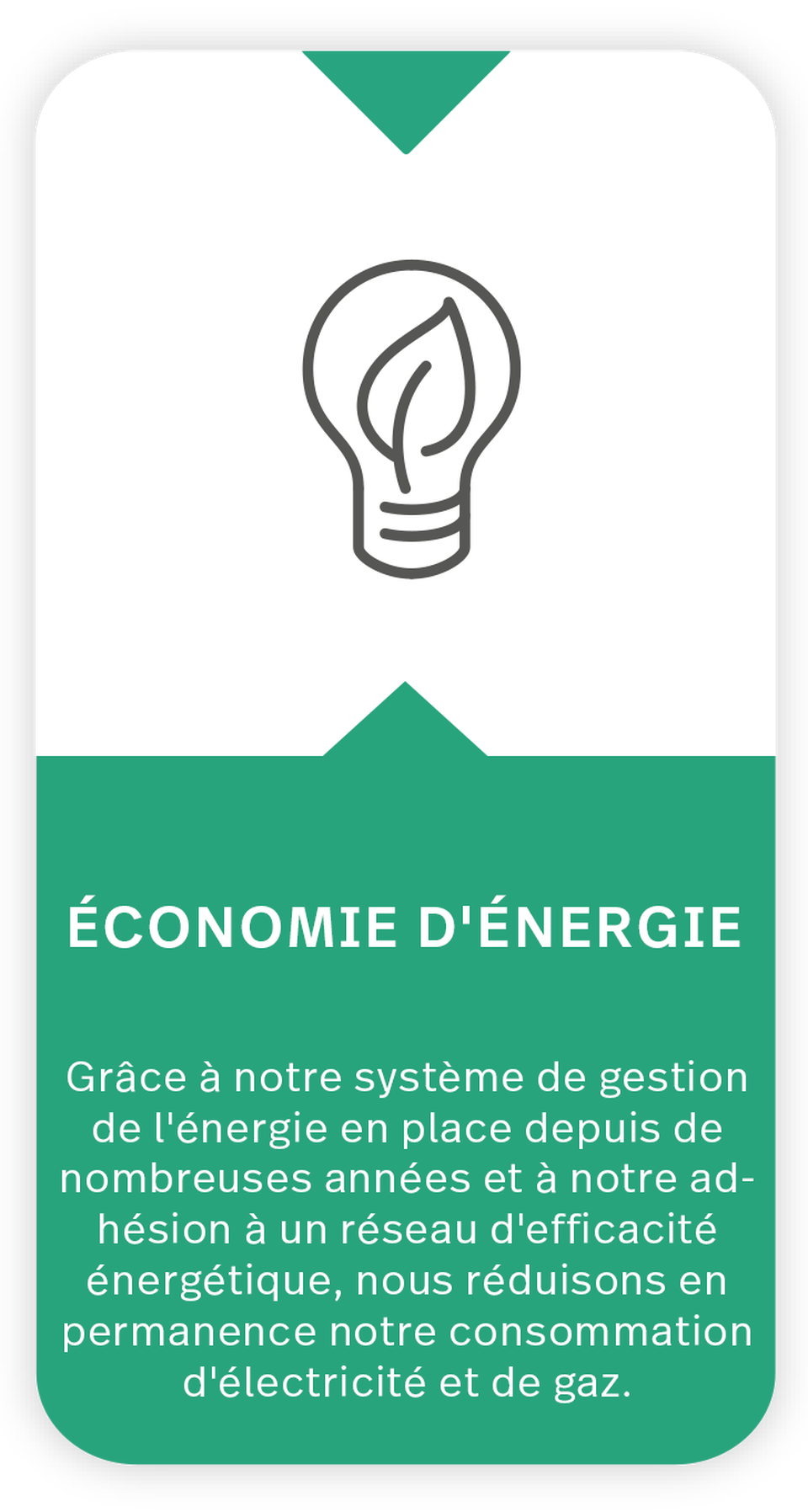 The icon shows a light bulb with a leaf in it. Text under icon: Energy saving: Thanks to our well-established energy management system and our membership in an energy efficiency network, we have continuously reduced the consumption of electricity and gas.