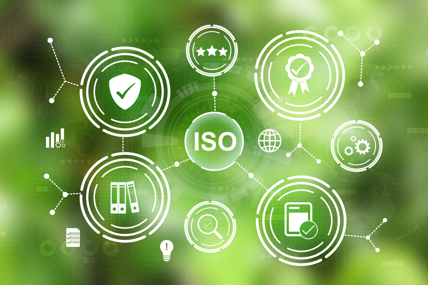 The image symbolises the area of "ISO certifications" and touches on the areas of quality and safety in business processes by depicting folders, checklists, assessments and similar symbols. 