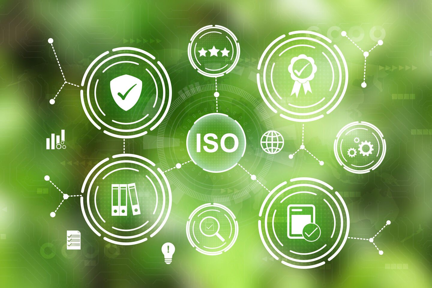 Infografik "ISO-Zertifizierungen" as Bild symbolisiert den Bereich "ISO-Zertifizierungen" und berührt die Bereiche Qualität und Sicherheit in Unternehmensprozessen durch die Darstellung von Aktenordnern, Checklisten, Bewertungen und ähnlichen Symbolen.