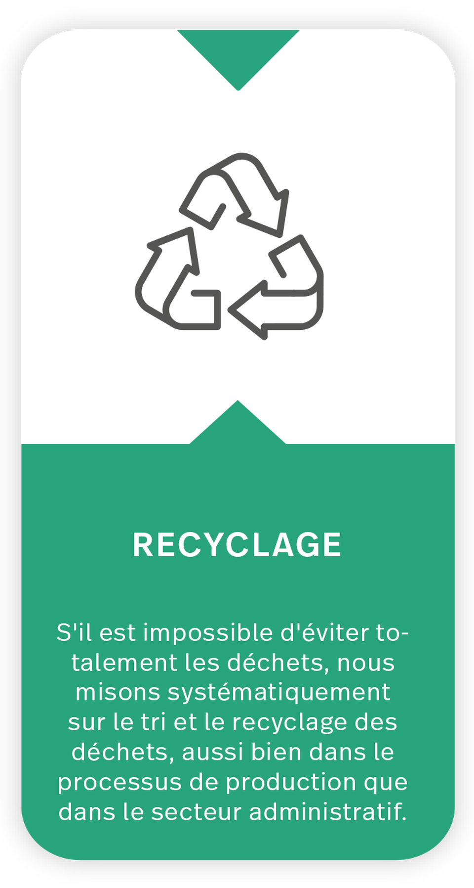 The icon shows the typical recycling symbol with three green arrows forming a circle: Text under icon: Recycling: If waste cannot be avoided completely, we consistently rely on waste separation and recycling, both in the production process and in administration.
