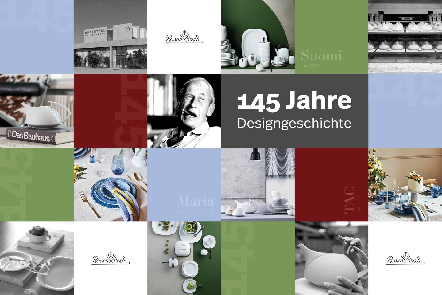 145 Jahre Rosenthal Banner mit fargigen Kacheln und Fotos rund um Rosenthal