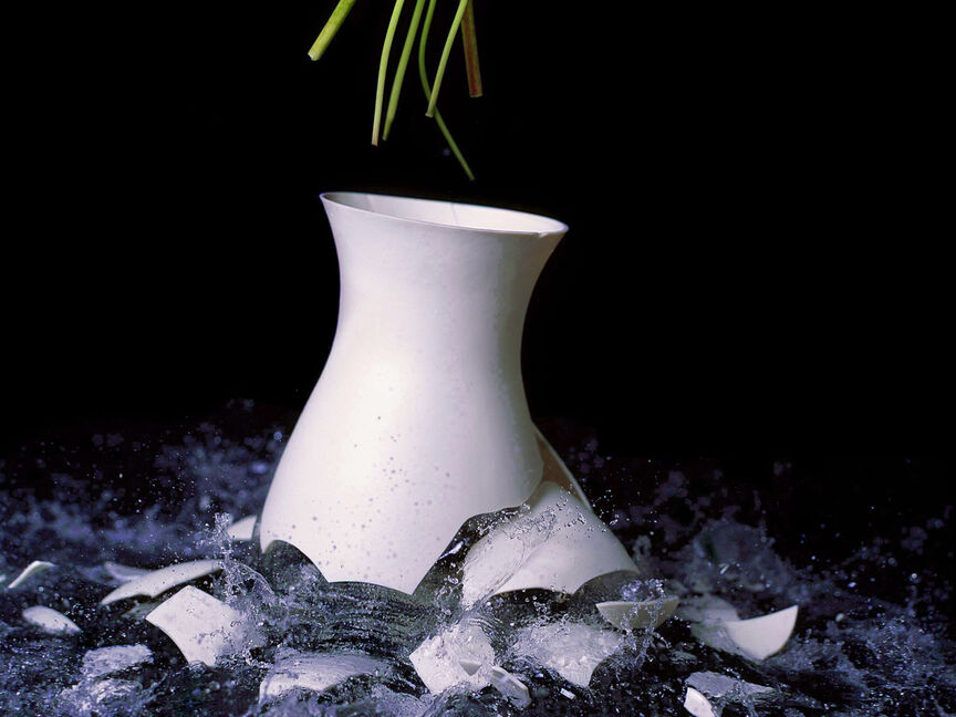 Zerbrochene Rosenthal-Vase in stilisierter Komposition – symbolisches Bild für die Bruchgarantie.