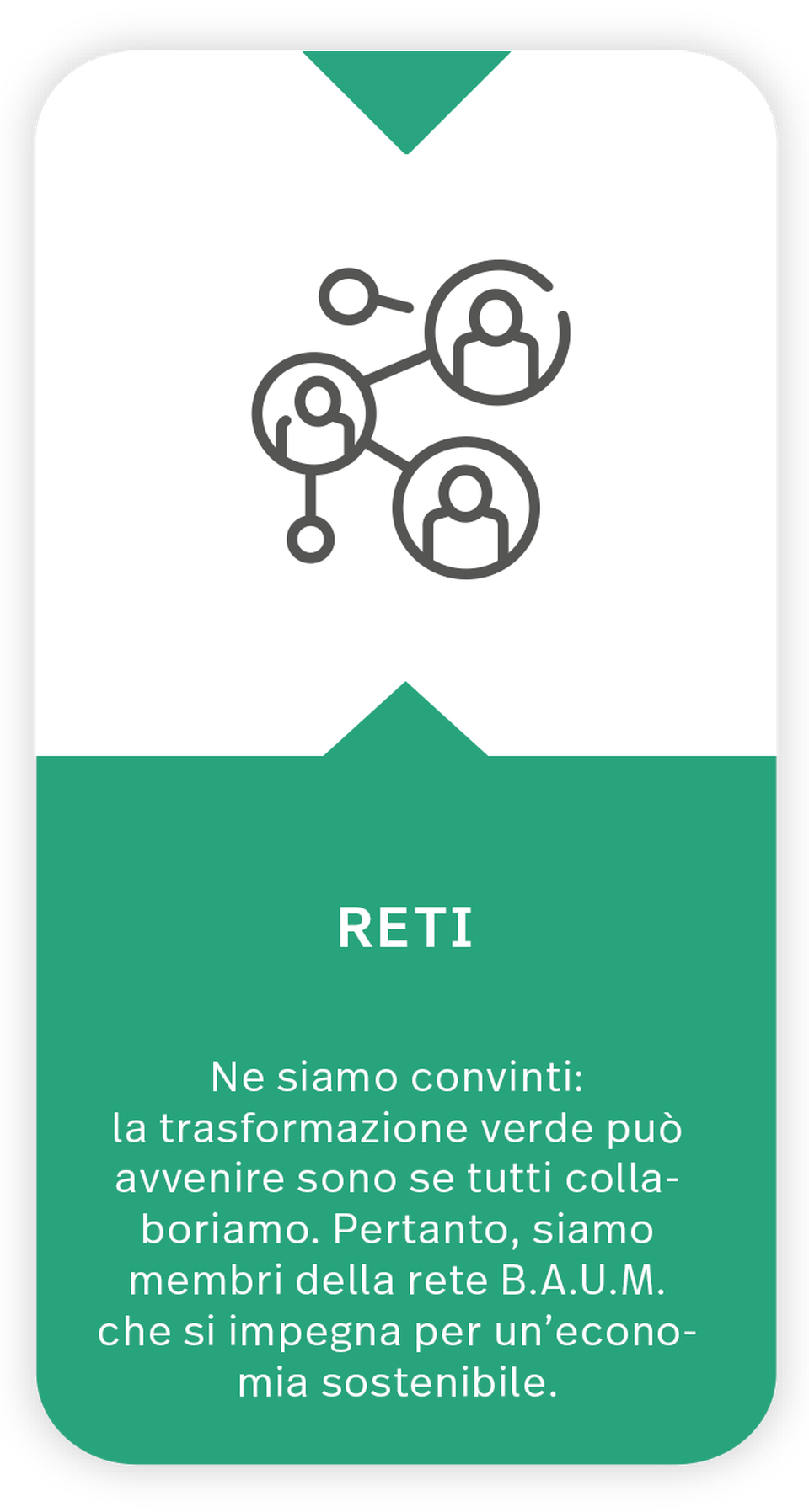 Icon + text on the topic of networking The icon shows symbolised people connected by a line to form a network. Text under icon: Networks: We are convinced: Only together can the Green Transformation succeed. That is why we are a member of the B.A.U.M. network, which promotes sustainable business.