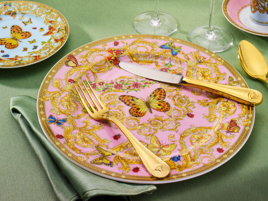 Rosenthal meets Versace Le Jardin de Versace porcelain plate with butterfly motif and golden ornaments, table setting with gold cutlery