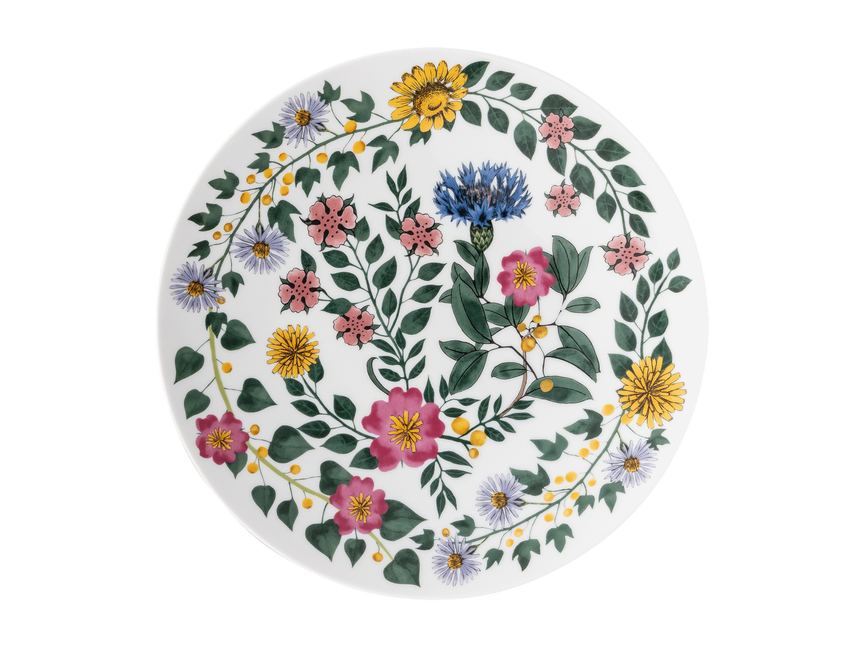 Porzellanproduktion verschiedene Dekore Buntes Dekor auf einem Teller der Magic Garden Dining Collection von Rosenthal