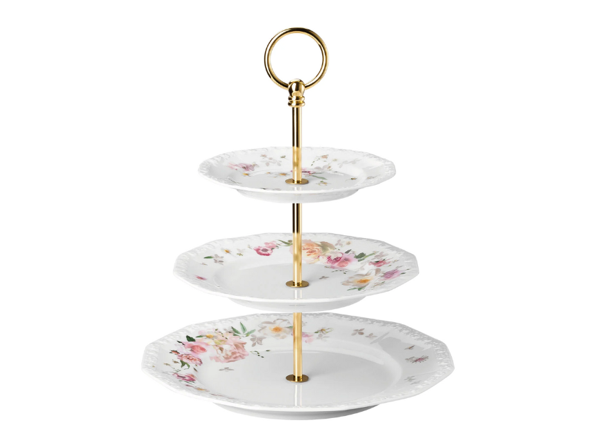 Three-tiered cake stand from the Rosenthal Maria Pink Rose collection by Regula Stüdli with delicate floral design and gold handle.