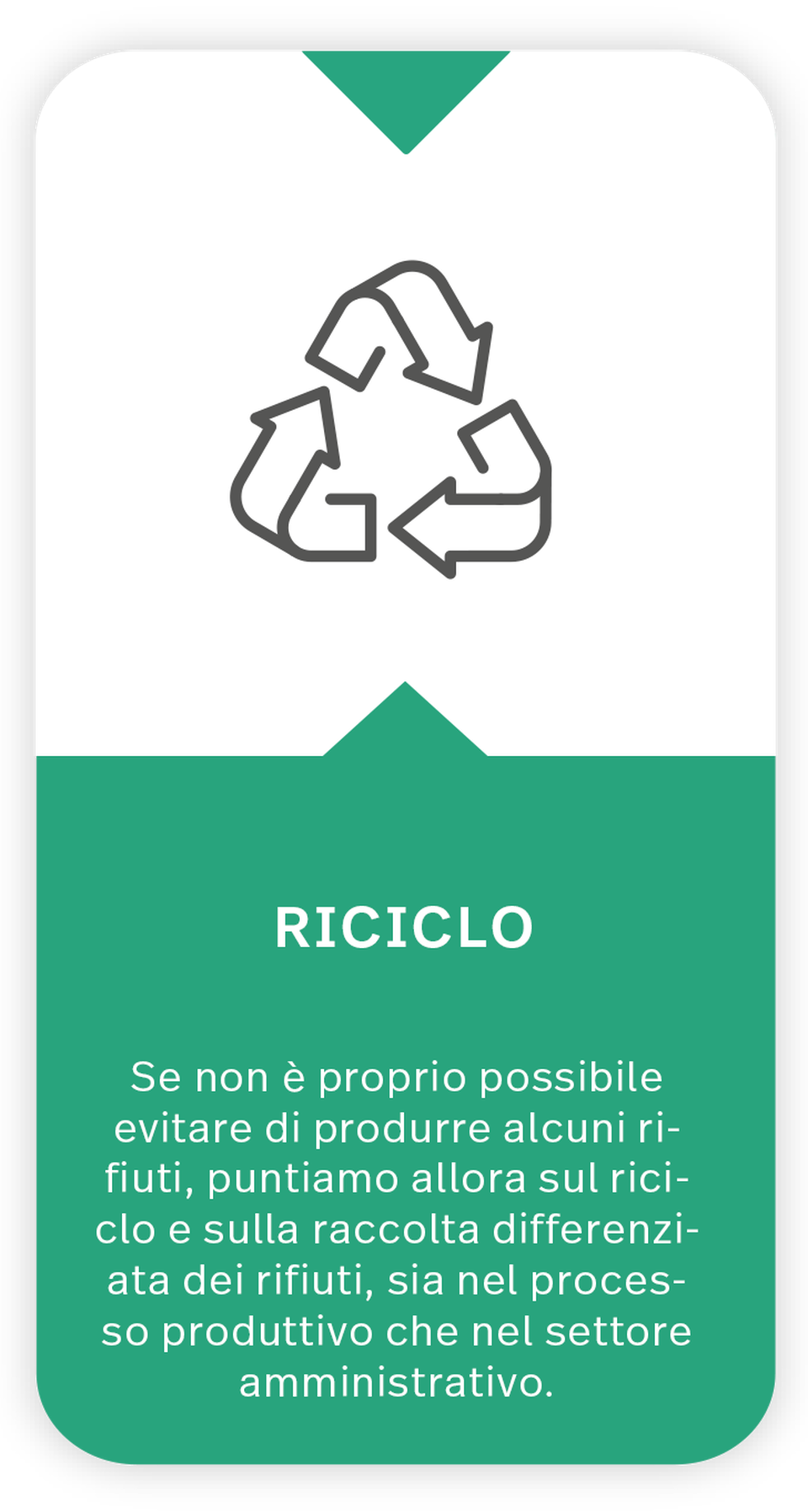 Icon + text on the topic of recycling The icon shows the typical recycling symbol with three green arrows forming a circle: Text under icon: Recycling: If waste cannot be avoided completely, we consistently rely on waste separation and recycling, both in the production process and in administration.