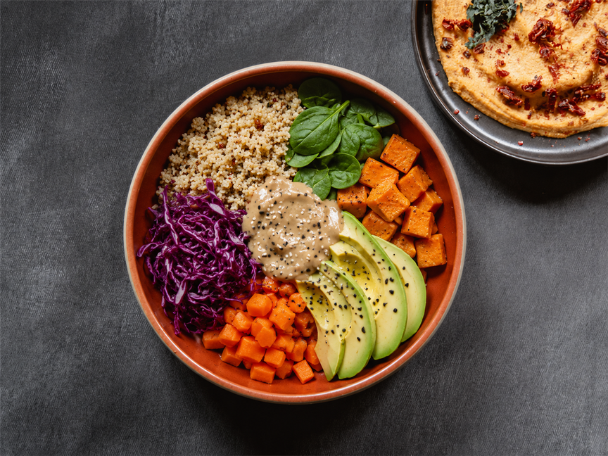 A Buddha bowl in a Rosenthal dish, seen from above, containing quinoa, red cabbage, sweet potatoes, avocado, carrots and spinach, with a bowl of hummus alongside.