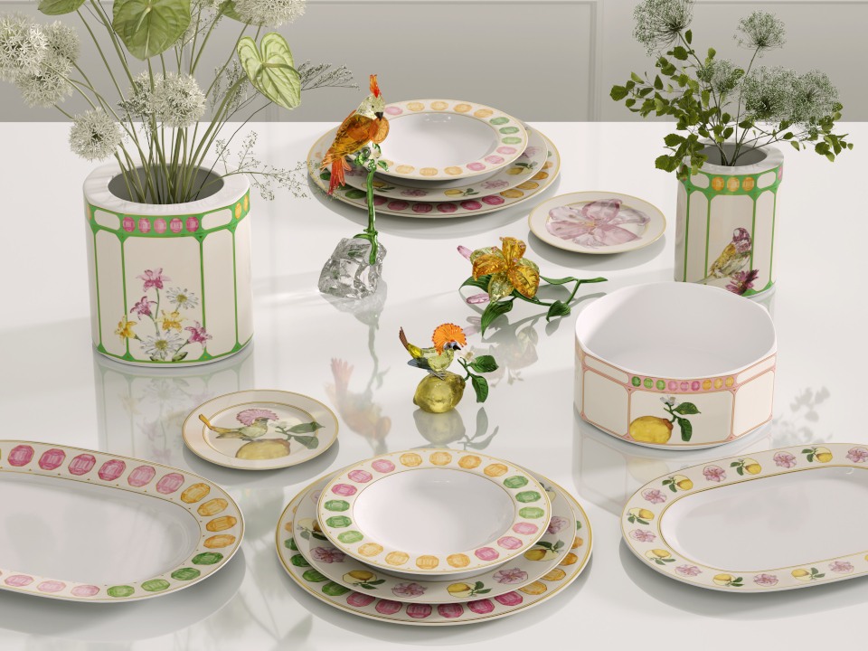 Elegant tablesetting of Swarovski tableware on white table