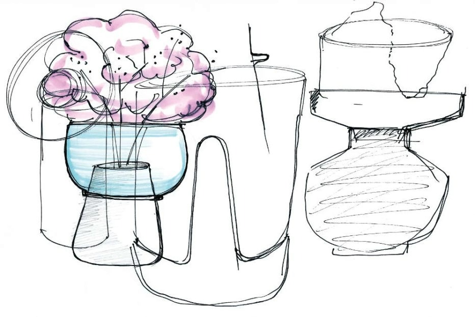 Hand drawn sketch of a production step in porcelain production