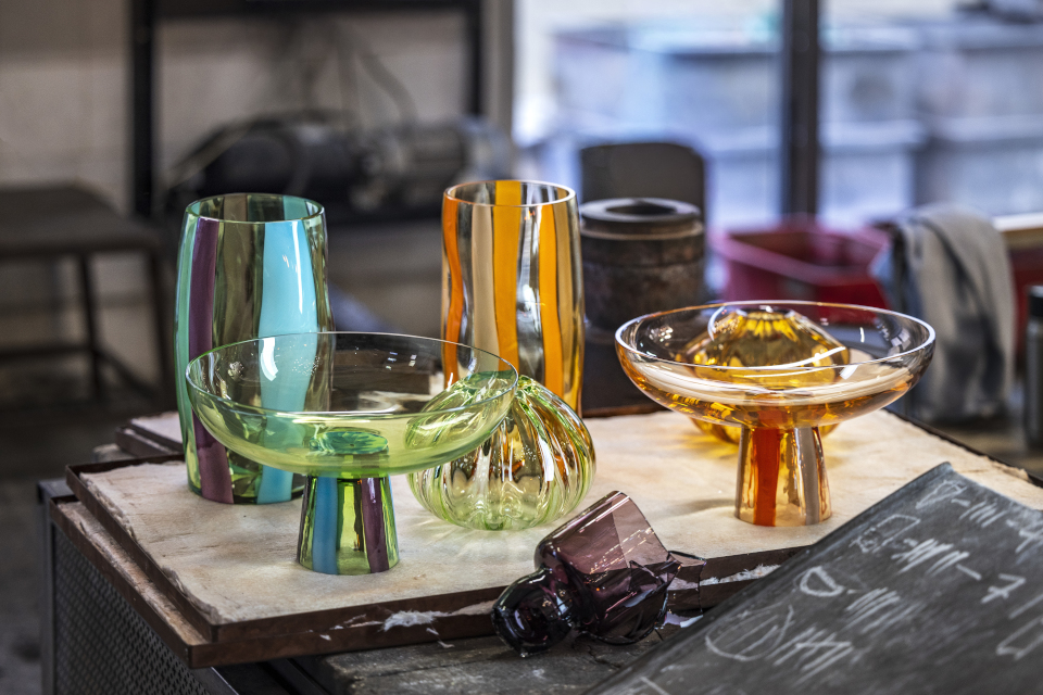 Four colourful Glass Objects by Michela Cattai in an atelier